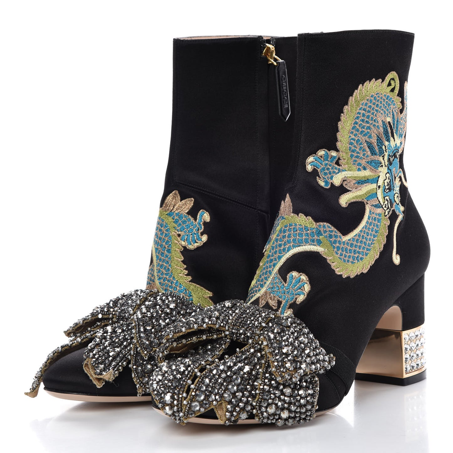 Silk Satin Malaga Kid Embroidered Candy Dragon Block-Heel Ankle Boot 37 Black