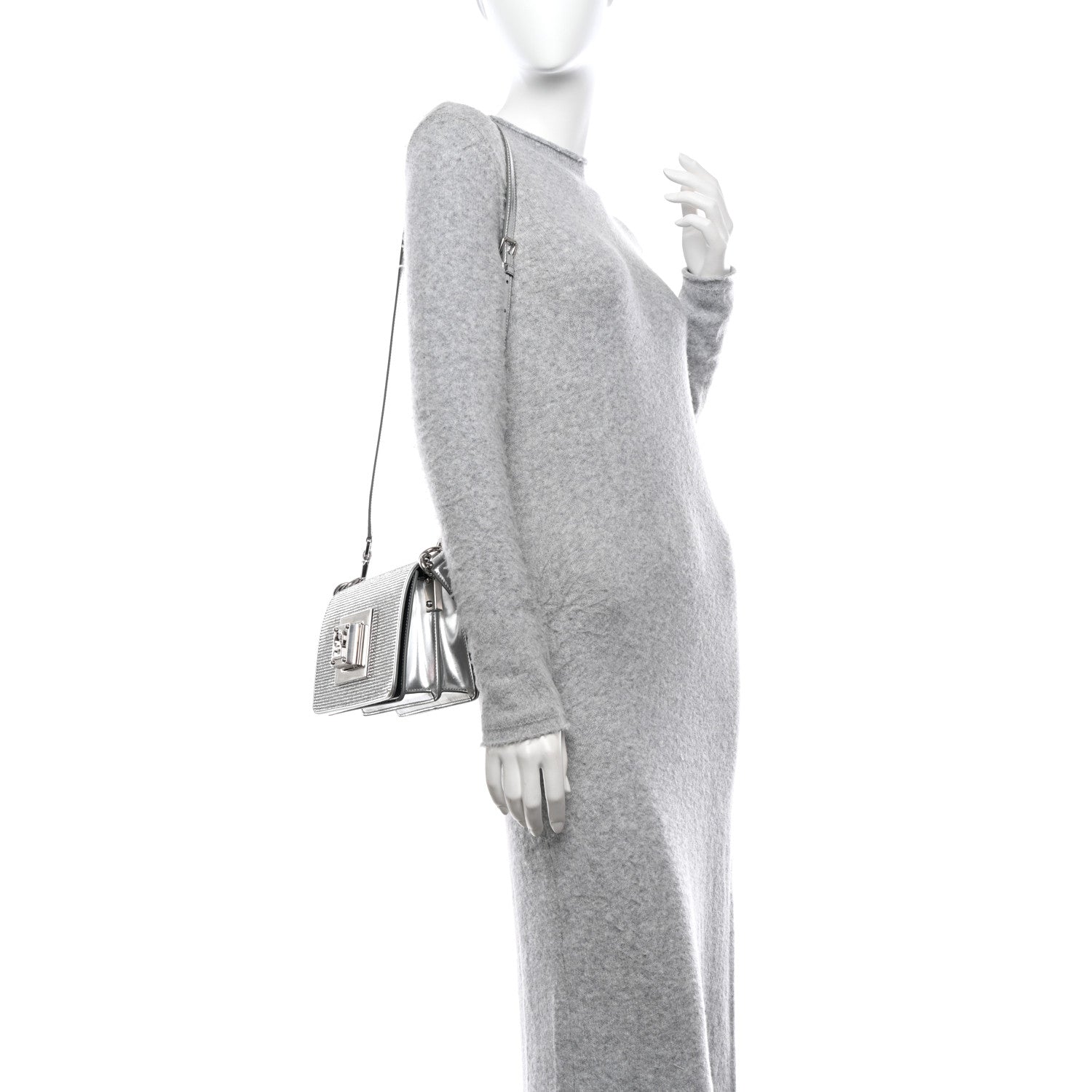 Dolce & Gabbana DOLCE GABBANA Metallic Calfskin Crystal Embellished Small Bella Cubo DG Chain Flap Bag With Cuff Silver 2 of 10