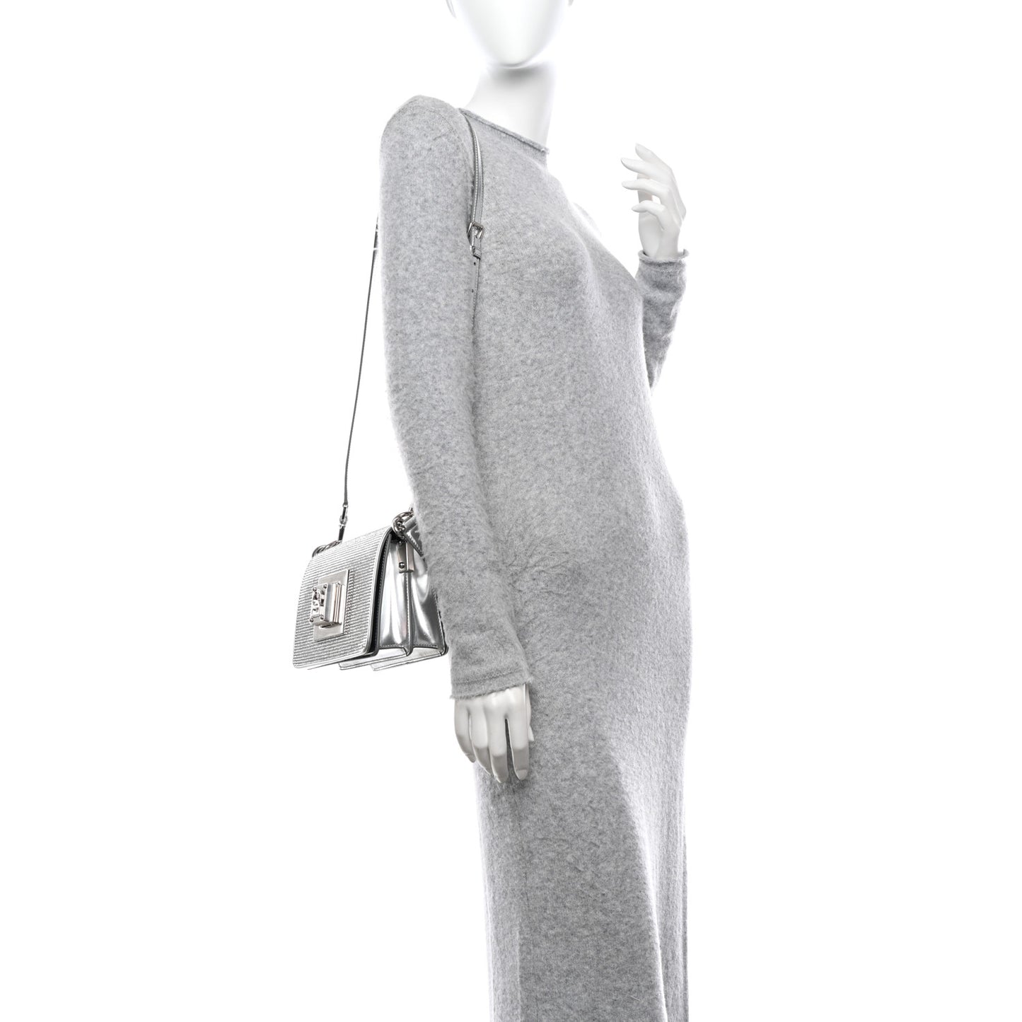 Metallic Calfskin Crystal Embellished Small Bella Cubo DG Chain Flap Bag With Cuff Silver