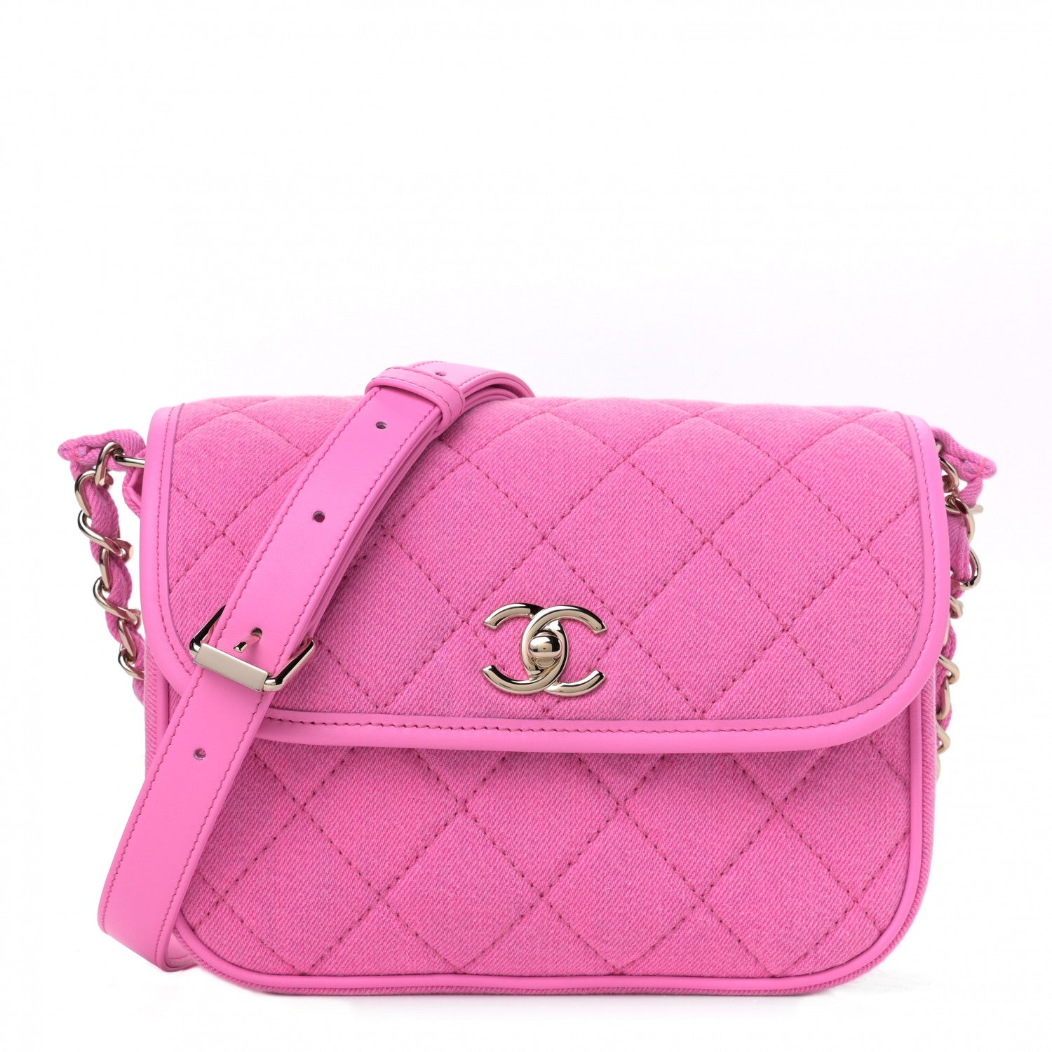 Chanel Denim Quilted Small Messenger Flap Neon Pink 2 of 18