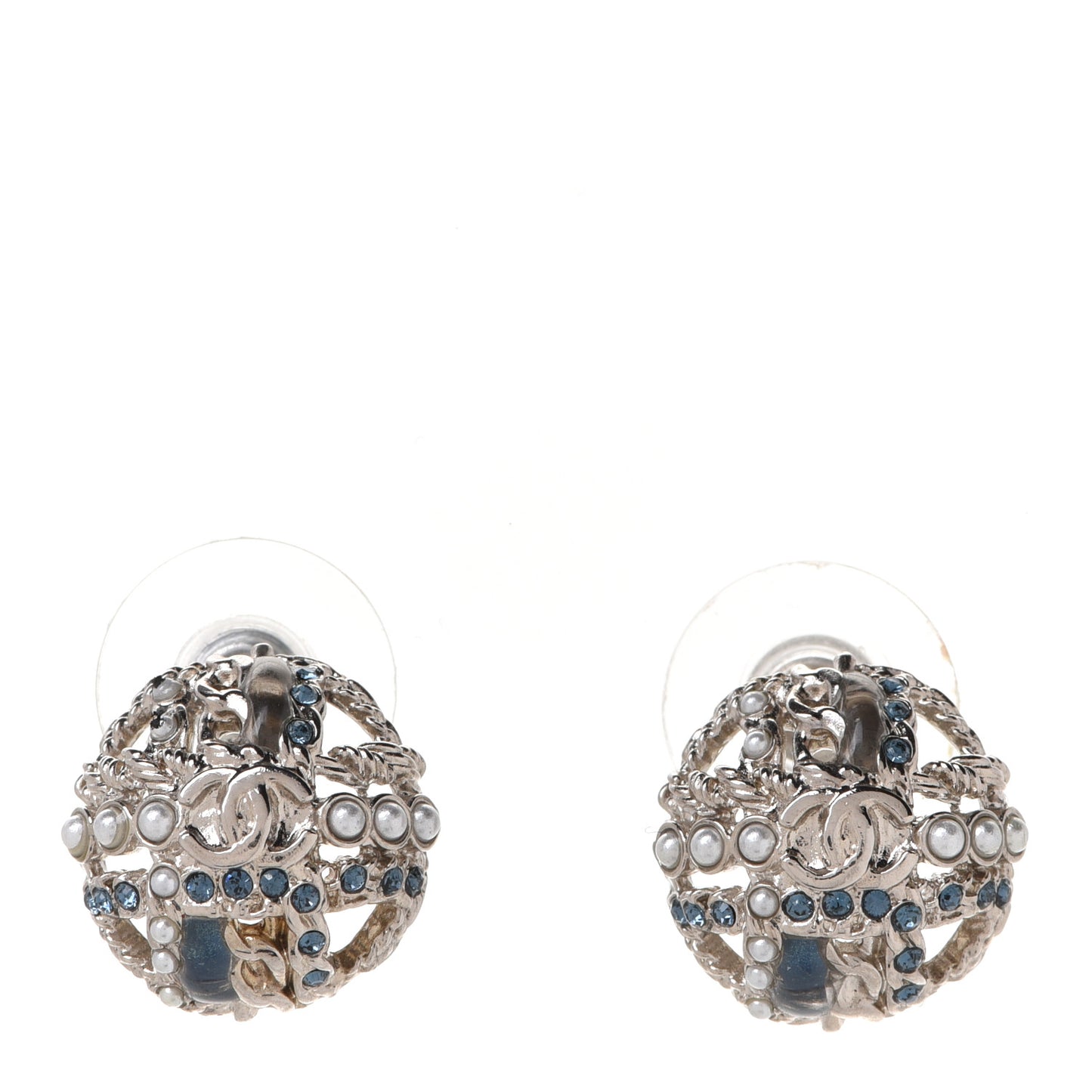 Crystal Pearl CC Round Earrings Gold Blue