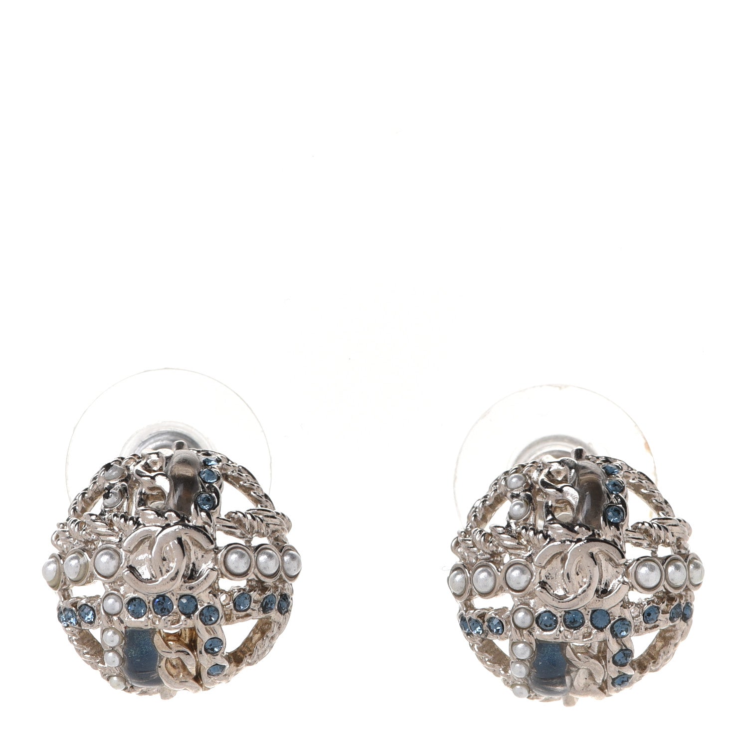 Chanel Crystal Pearl CC Round Earrings Gold Blue 1 of 5