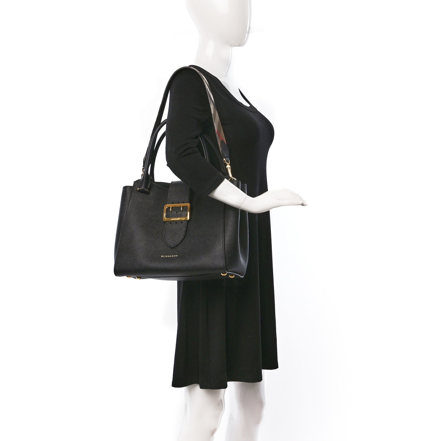 Soft Grain Calfskin Medium Buckle Tote Black