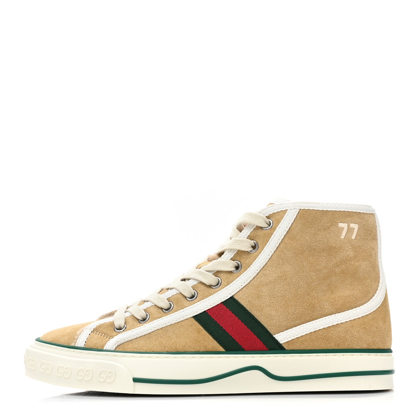Suede Shearling Web GG Monogram Embossed Womens 1977 Tennis High Top Sneakers 38.5 Butterscotch Mystic White