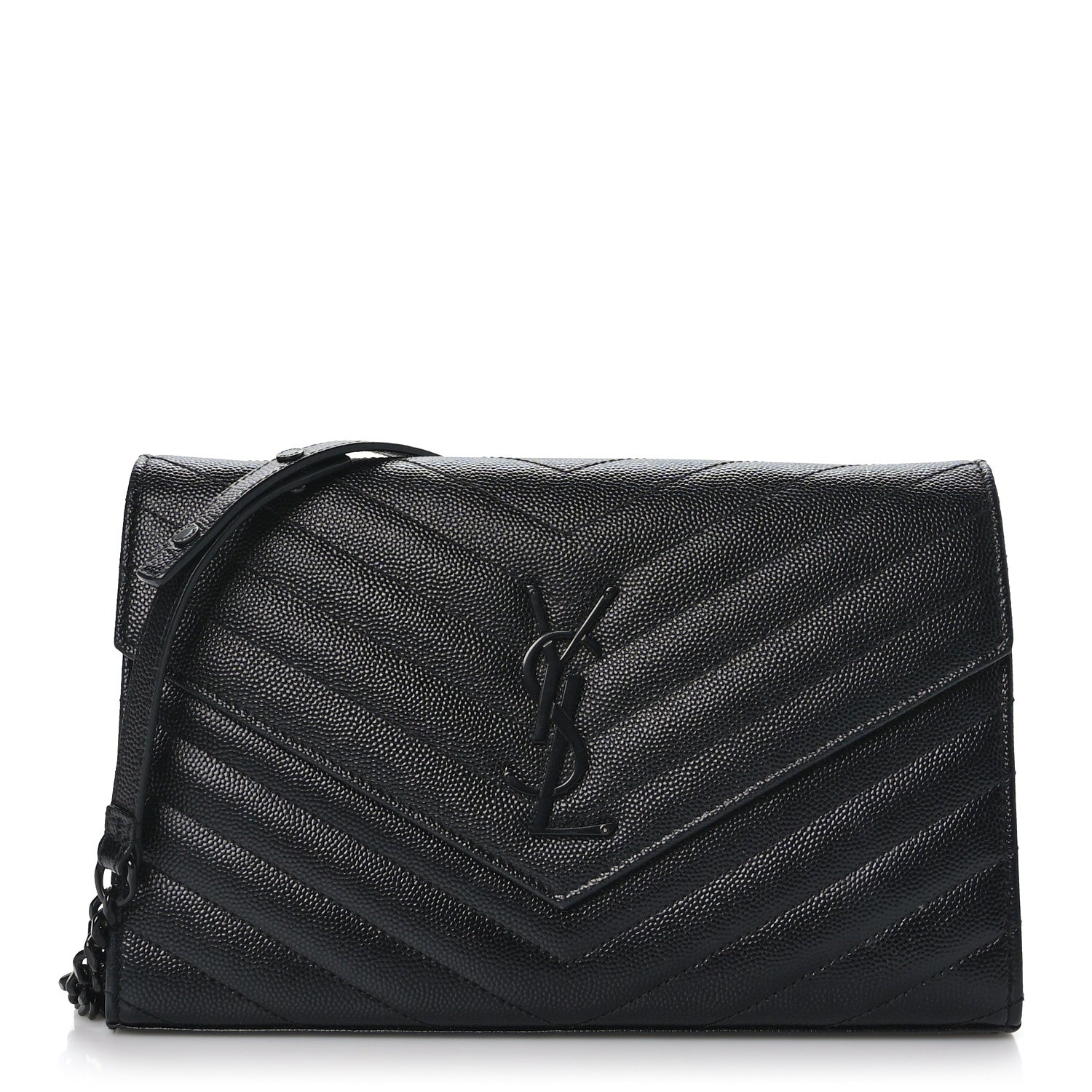 Saint Laurent Grain De Poudre Matelasse Chevron Monogram Monochrome Chain Wallet Black 1 of 9