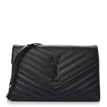 Saint Laurent Grain De Poudre Matelasse Chevron Monogram Monochrome Chain Wallet Black 1 of 9