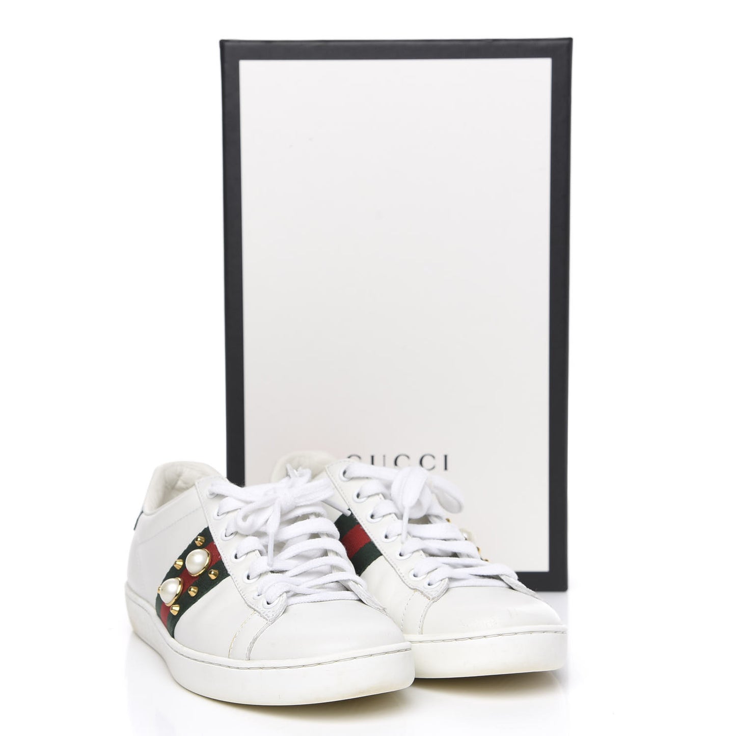 Calfskin Web Pearl Studded Womens Ace Sneakers 36.5 White