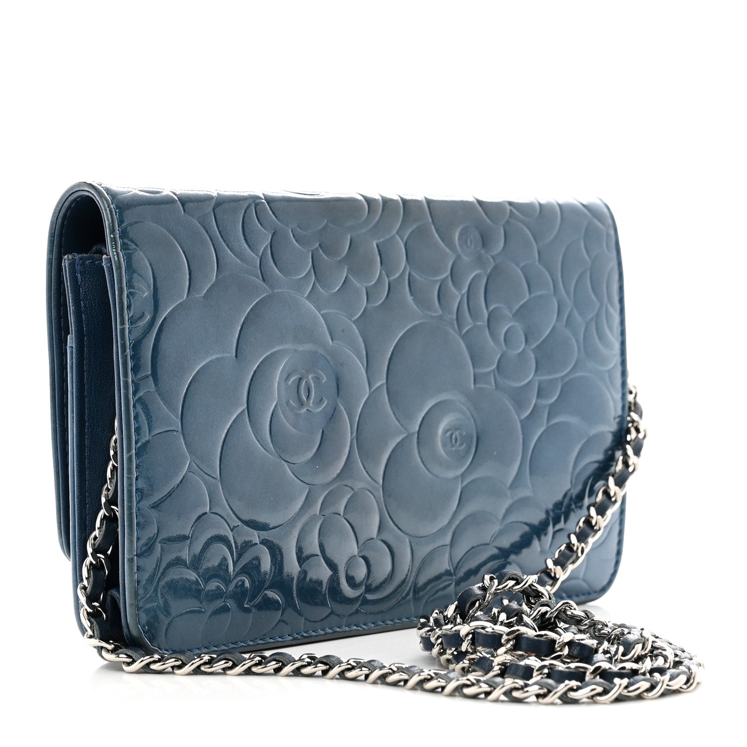 Chanel Patent Camellia Wallet on Chain WOC Royal Blue 3 of 11
