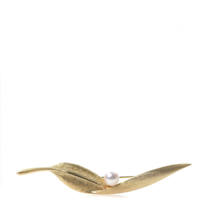 Mikimoto 18K Yellow Gold Akoya Pearl 7mm Leaf Brooch 1 of 3
