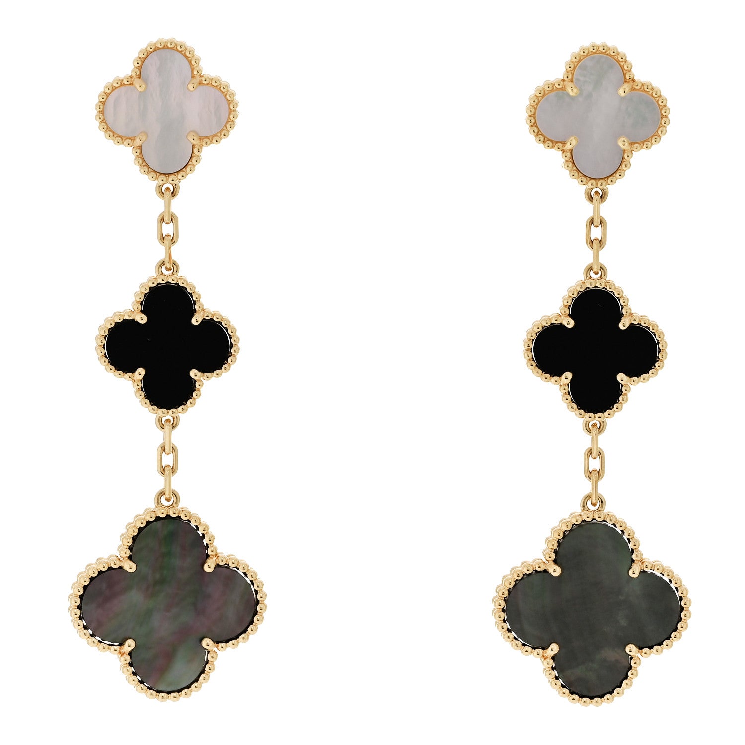 Van Cleef & Arpels 18K Yellow Gold Mother of Pearl Black Onyx 3 Motifs Magic Alhambra Earrings 1 of 5