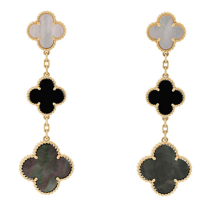Van Cleef & Arpels 18K Yellow Gold Mother of Pearl Black Onyx 3 Motifs Magic Alhambra Earrings 1 of 5
