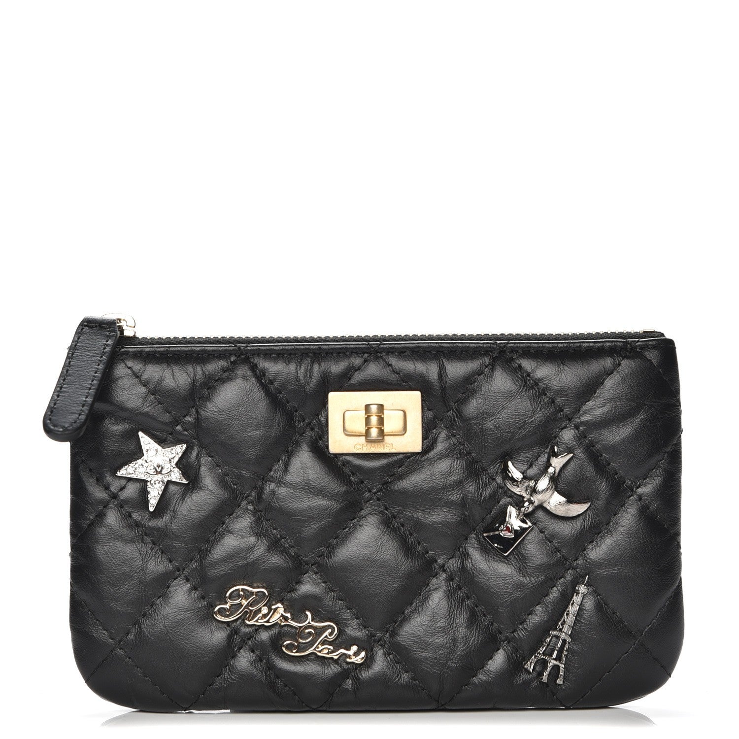 Chanel Aged Calfskin Quilted Small Lucky Charms Cosmetic Case Black 1 of 8