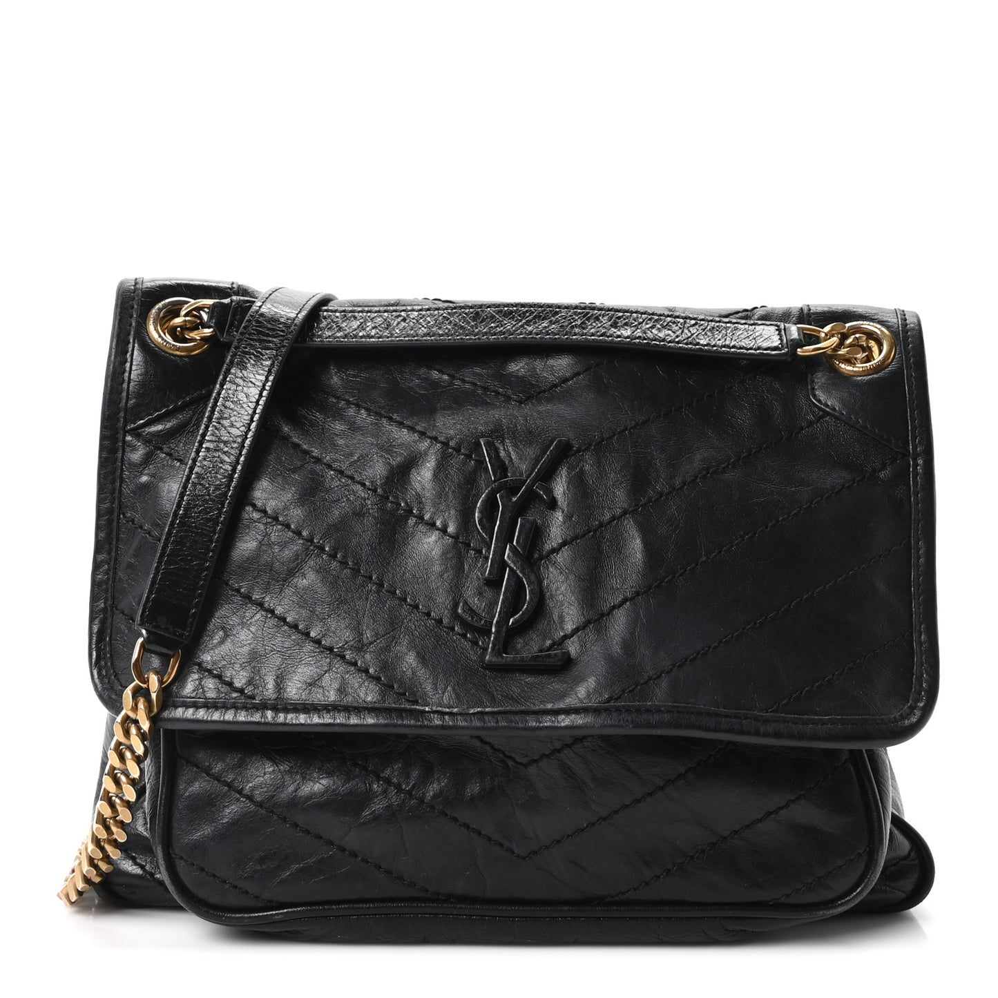 Crinkled Calfskin Matelasse Monogram Medium Niki Chain Satchel Black