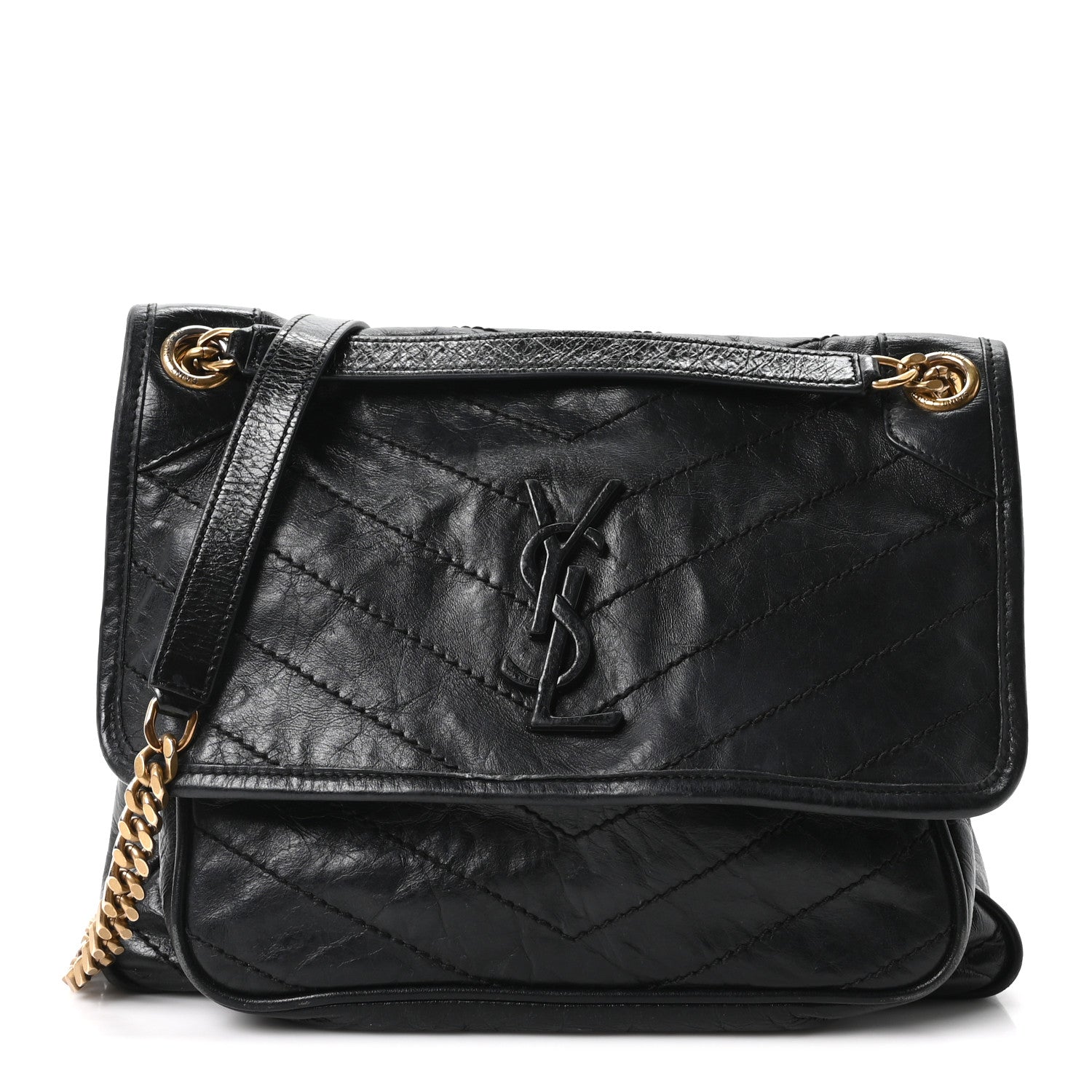 Saint Laurent Crinkled Calfskin Matelasse Monogram Medium Niki Chain Satchel Black 1 of 10