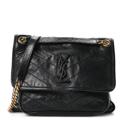 Saint Laurent Crinkled Calfskin Matelasse Monogram Medium Niki Chain Satchel Black 1 of 10
