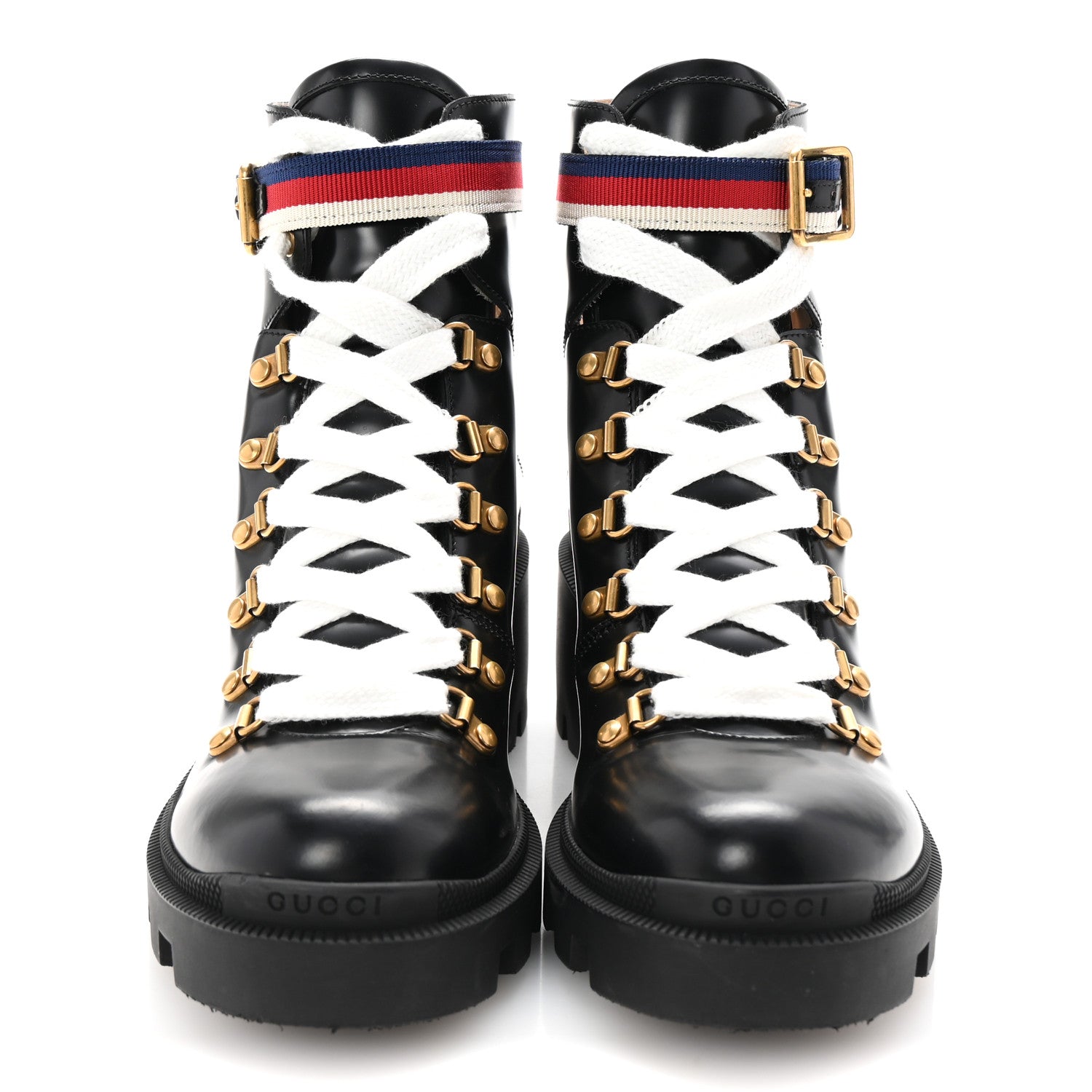 Gucci Calfskin Sylvie Web Womens Lace Up Combat Boots 39.5 Black 3 of 10