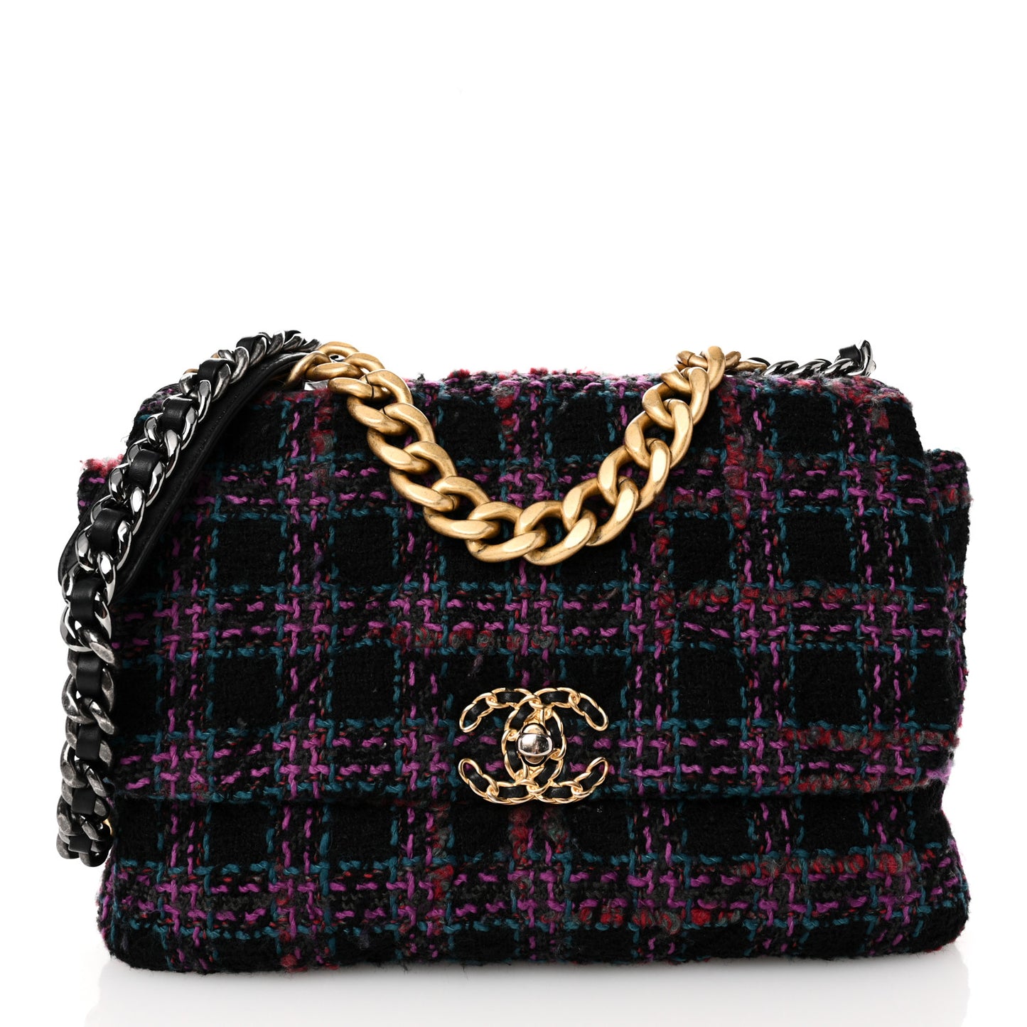 Tweed Quilted Large Chanel 19 Flap Black Blue Purple