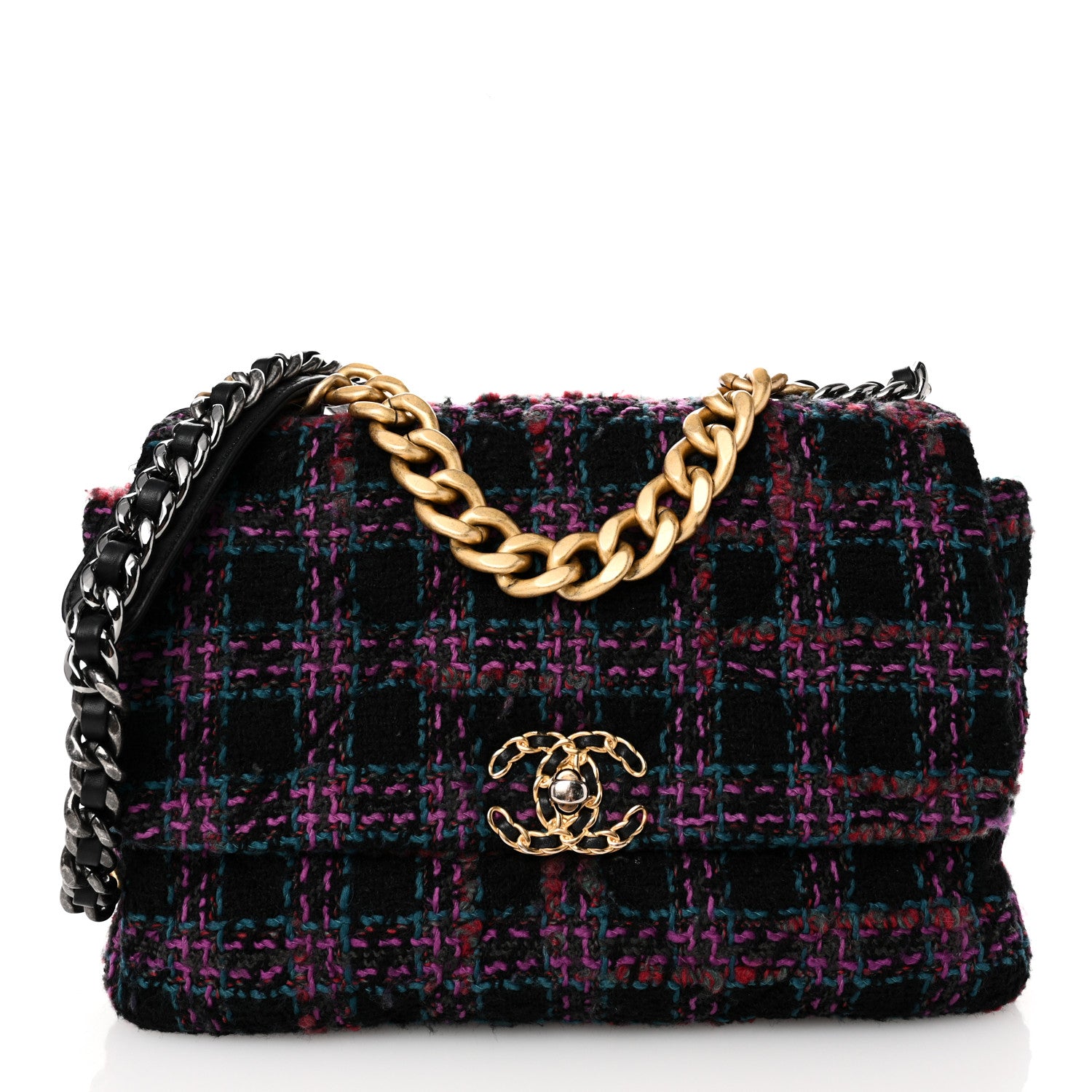 Chanel Tweed Quilted Large Chanel 19 Flap Black Blue Purple 1 of 10