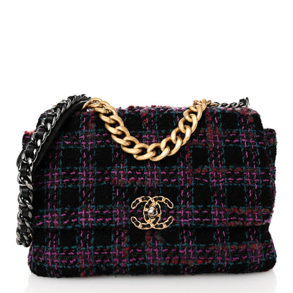 Chanel Tweed Quilted Large Chanel 19 Flap Black Blue Purple 1 of 10