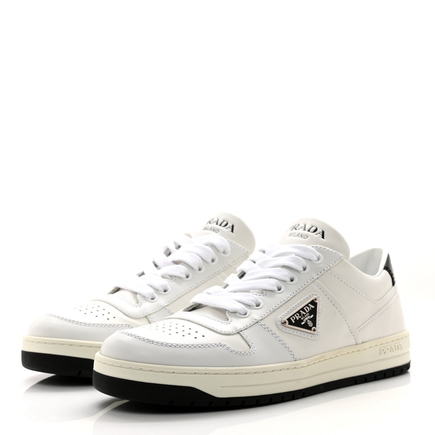 Prada Vitello Sport Spazzolato Rois Triangle Womens Downtown Low Top 30mm Sneakers 39 White Black 3 of 9