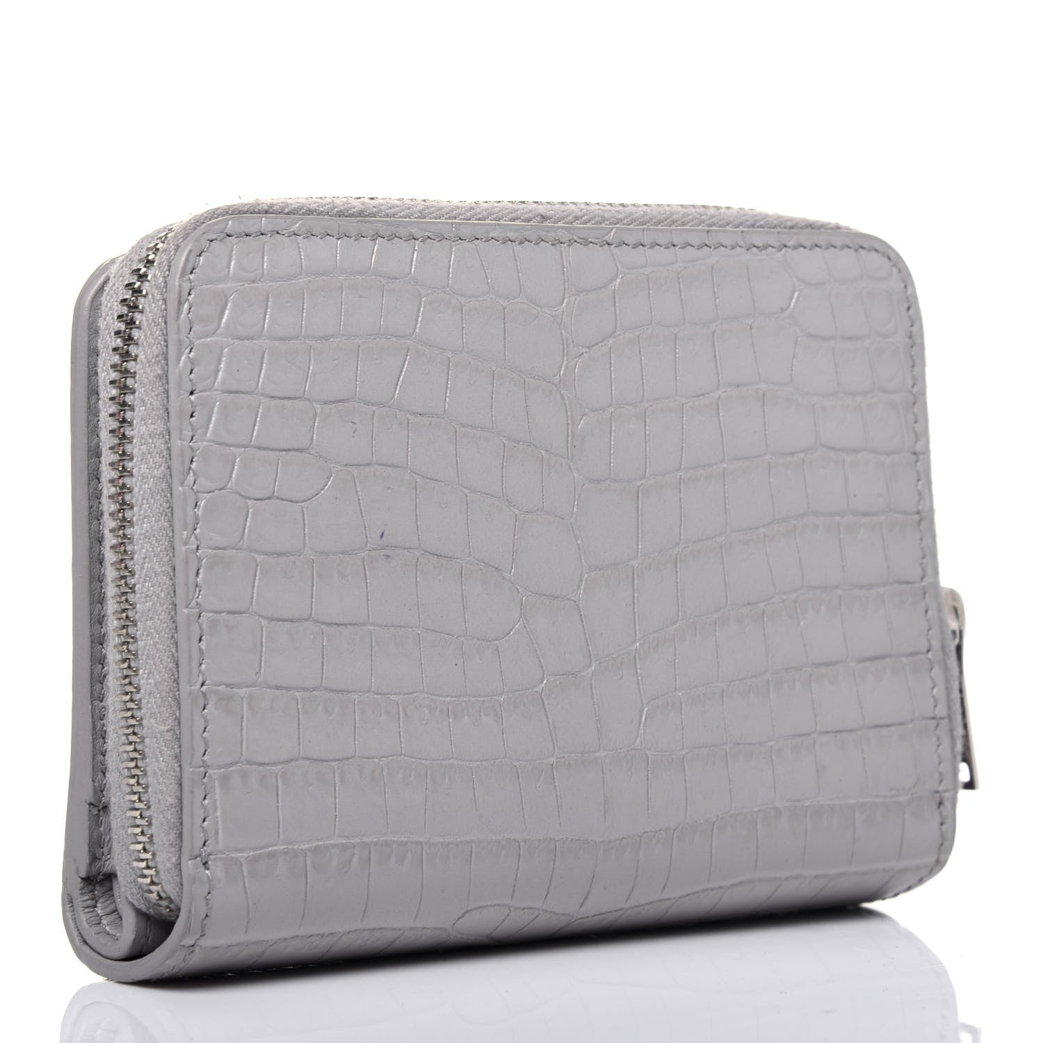 Saint Laurent Calfskin Crocodile Embossed Monogram Compact Wallet Mouse Grey 3 of 11