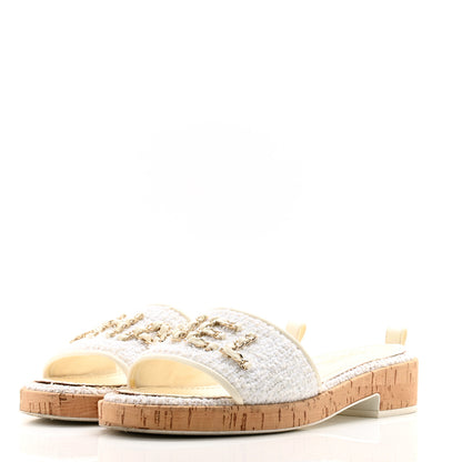 Chanel Tweed Cork CC Chain Mule Sandal 39.5 White 3 of 13