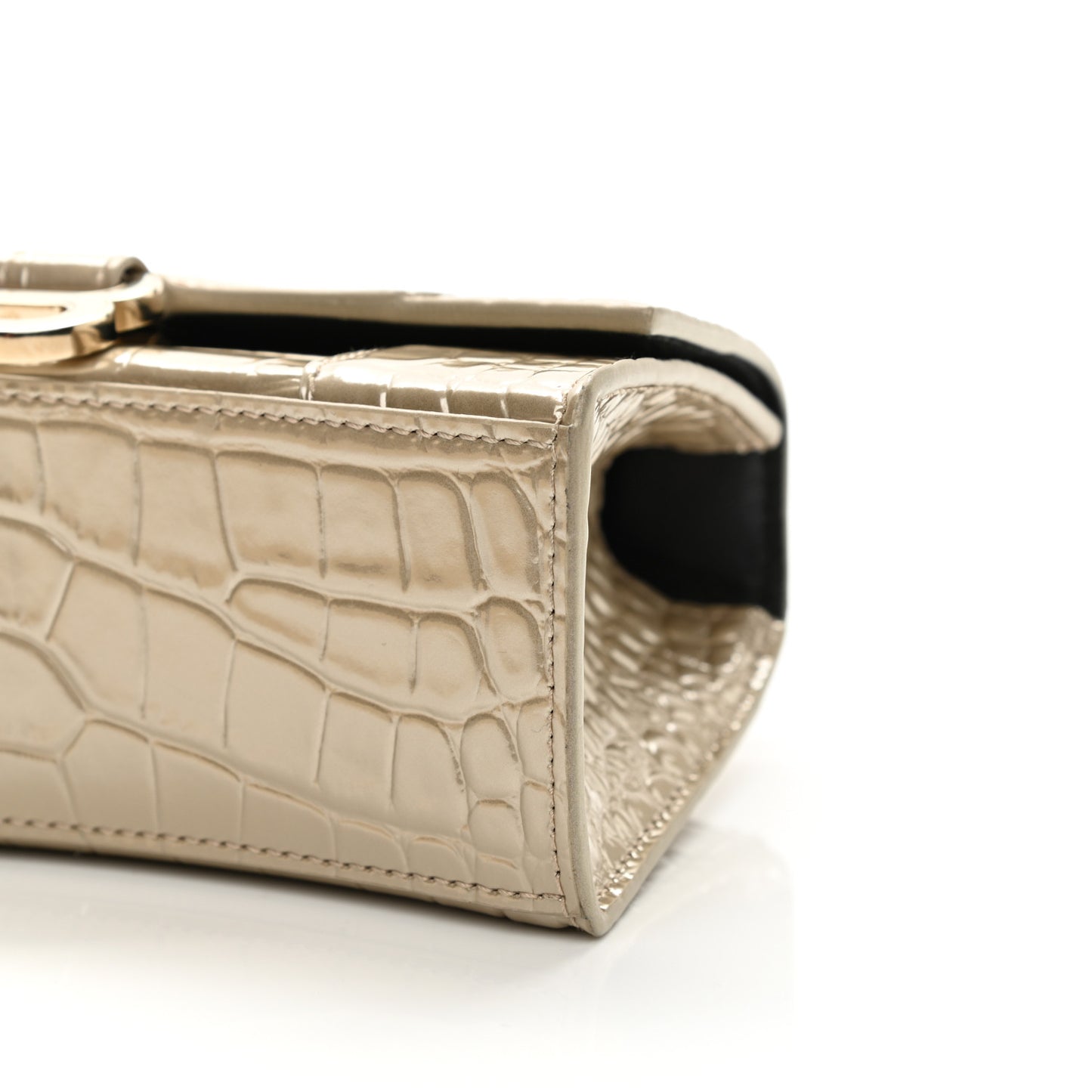 Metallic Shiny Calfskin Crocodile Embossed Hourglass Top Handle Bag XS Light Gold