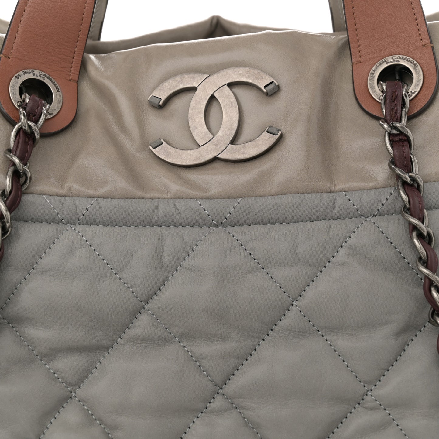 Iridescent Calfskin Quilted Small In The Mix Tote Grey