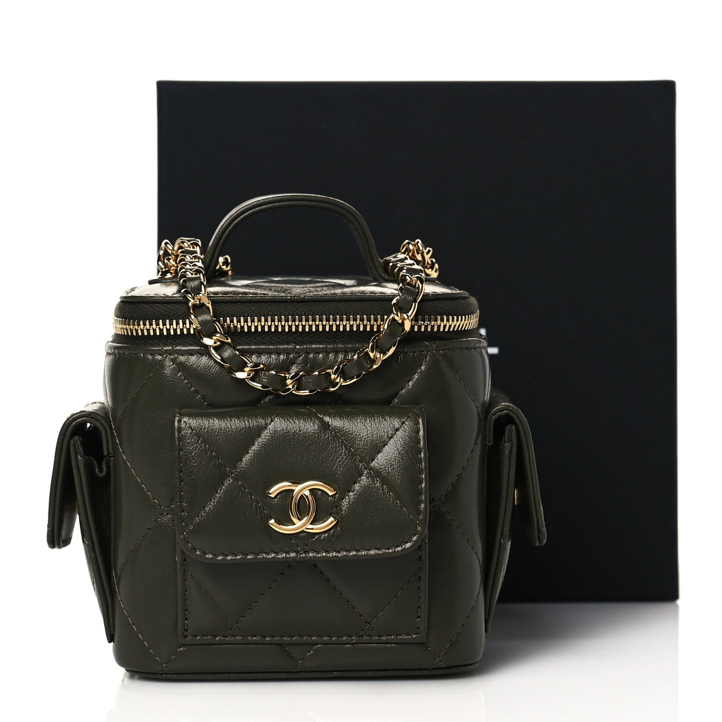 Lambskin Quilted Polly Pocket Top Vanity With Chain Khaki