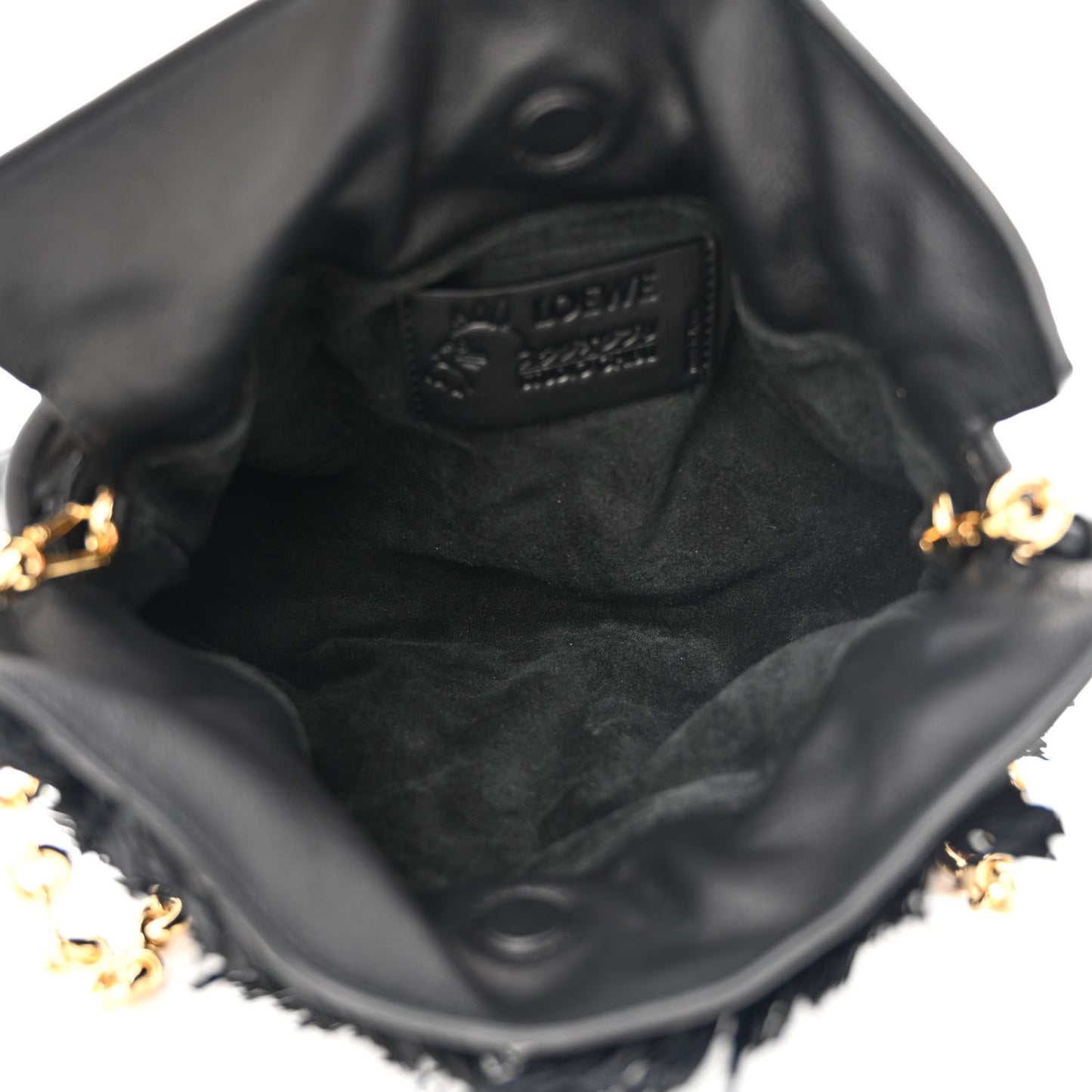 x HOWLS MOVING CASTLE Calfskin Suede Raffia Mini Flamenco Knot Clutch With Chain Black