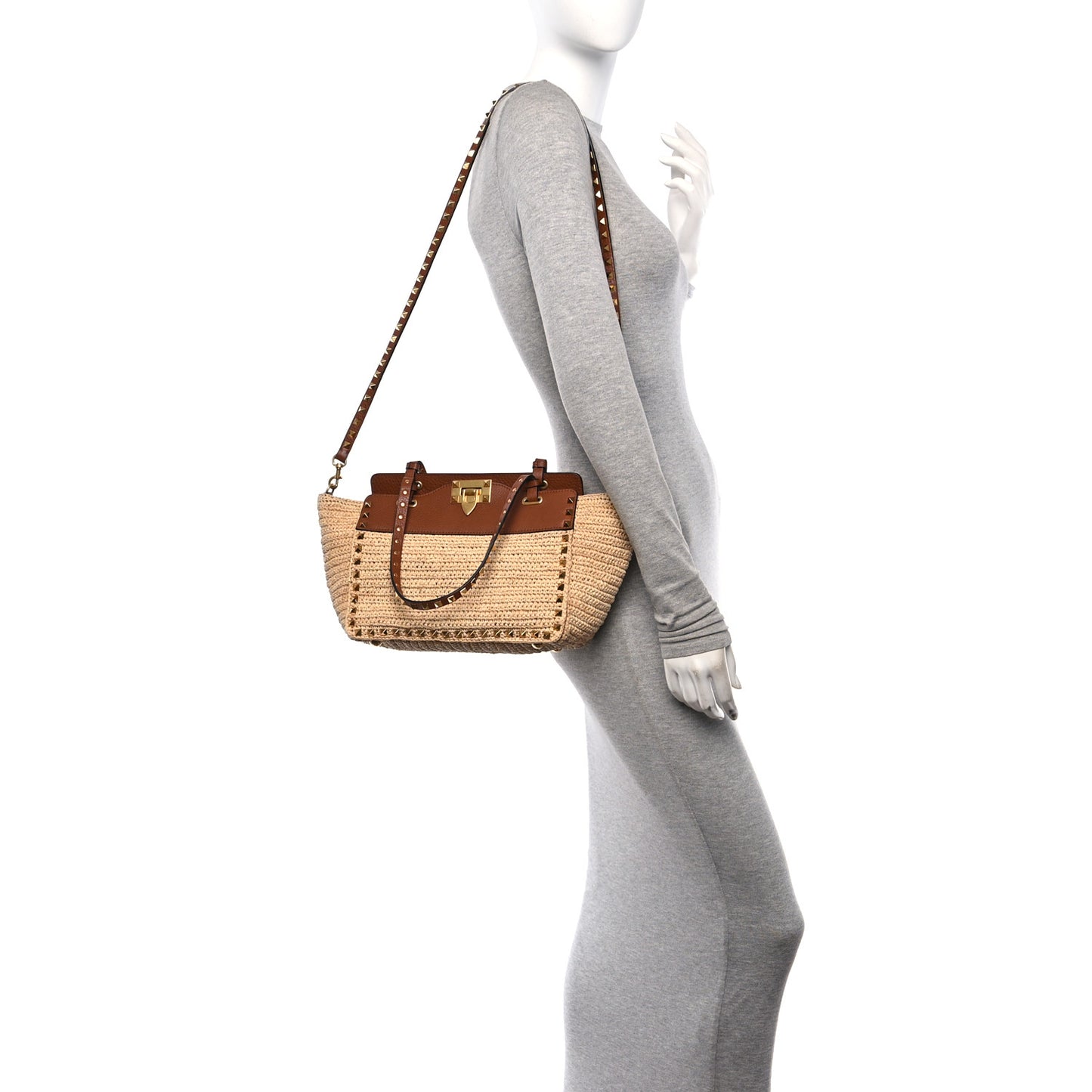 Raffia Calfskin Small Rockstud Tote Naturale Saddle Brown