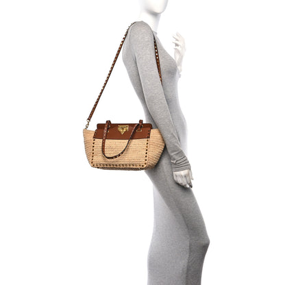 Valentino Garavani Raffia Calfskin Small Rockstud Tote Naturale Saddle Brown 2 of 10