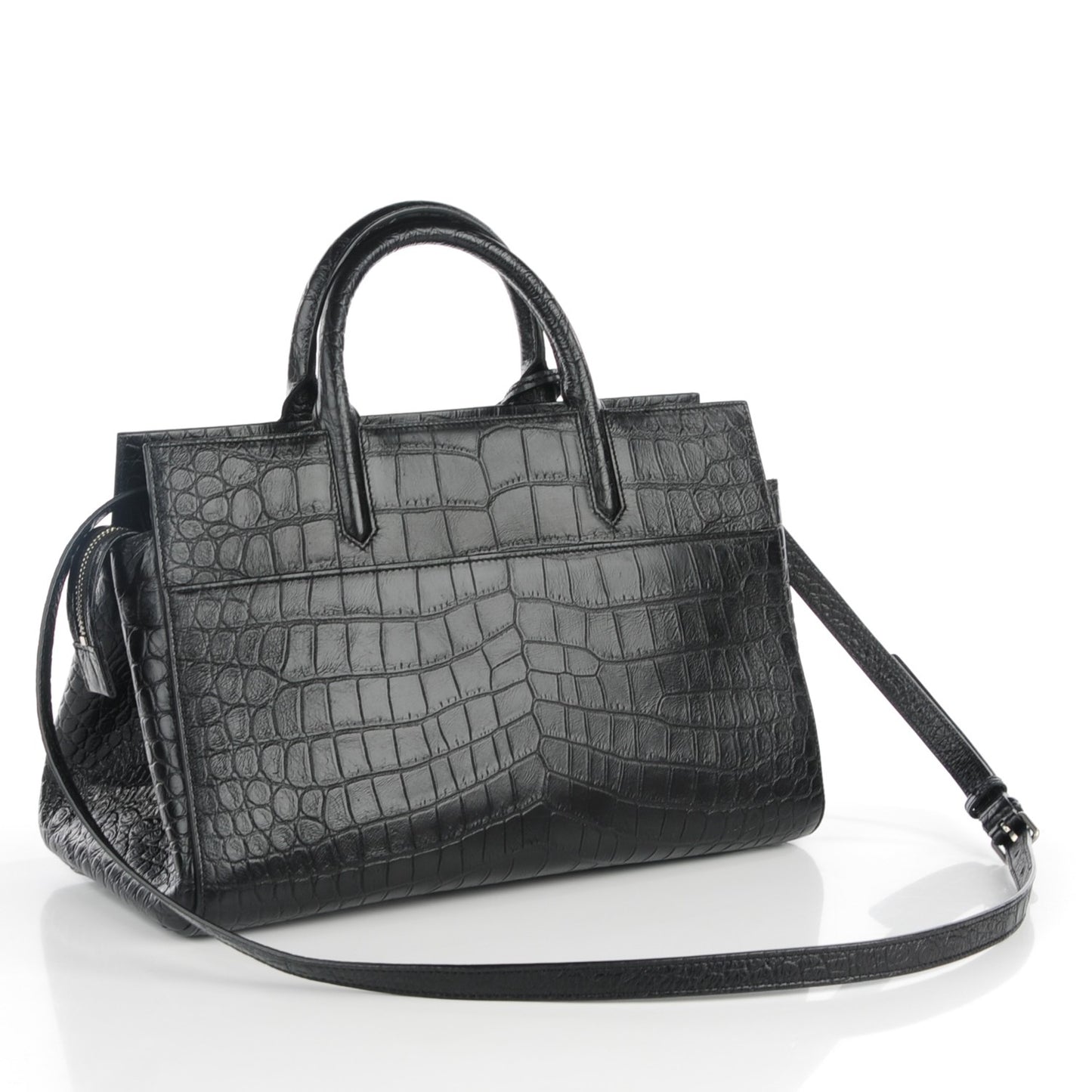 Calfskin Crocodile Embossed Small Cabas Rive Gauche Black