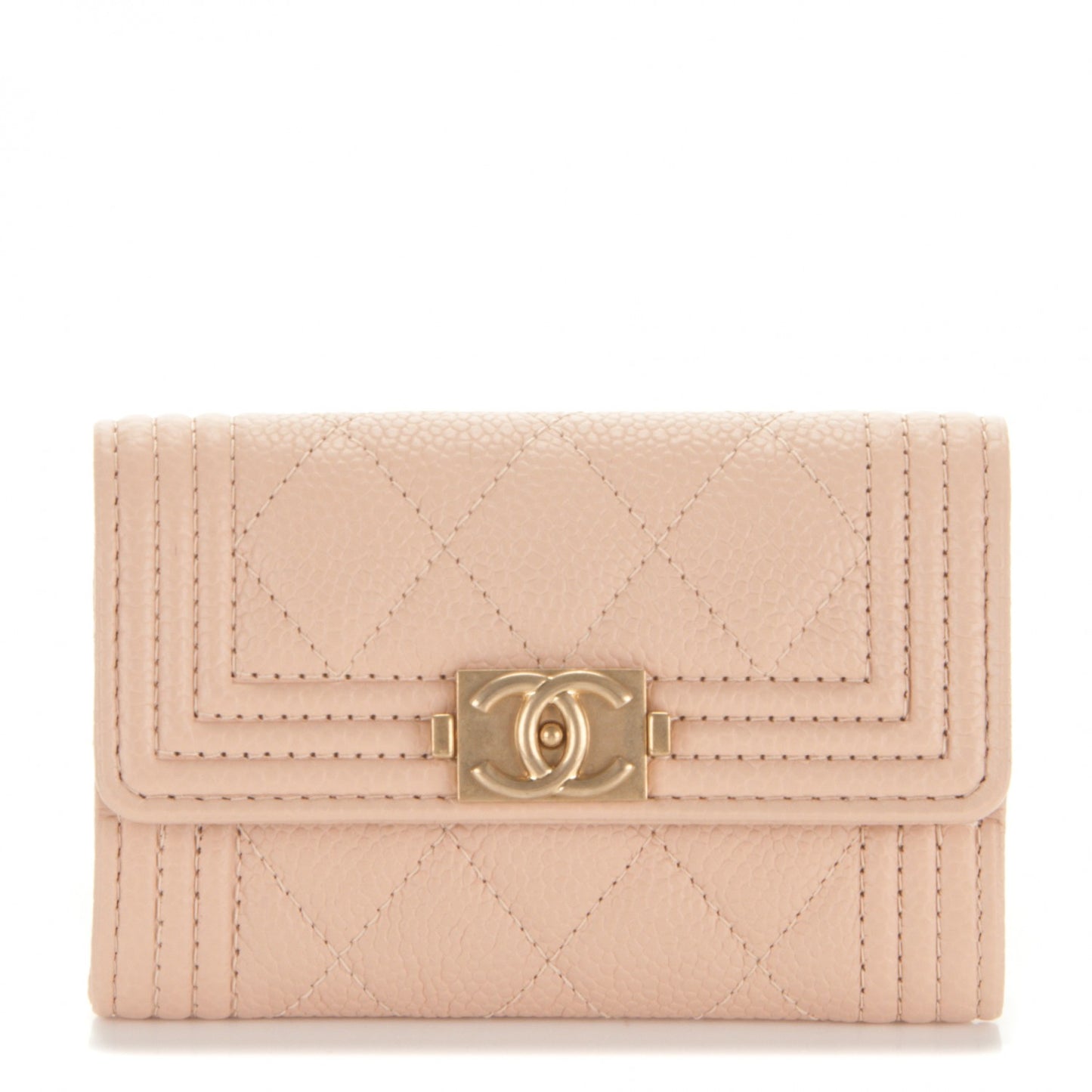 Caviar Quilted Boy Card Holder Wallet Beige Clair