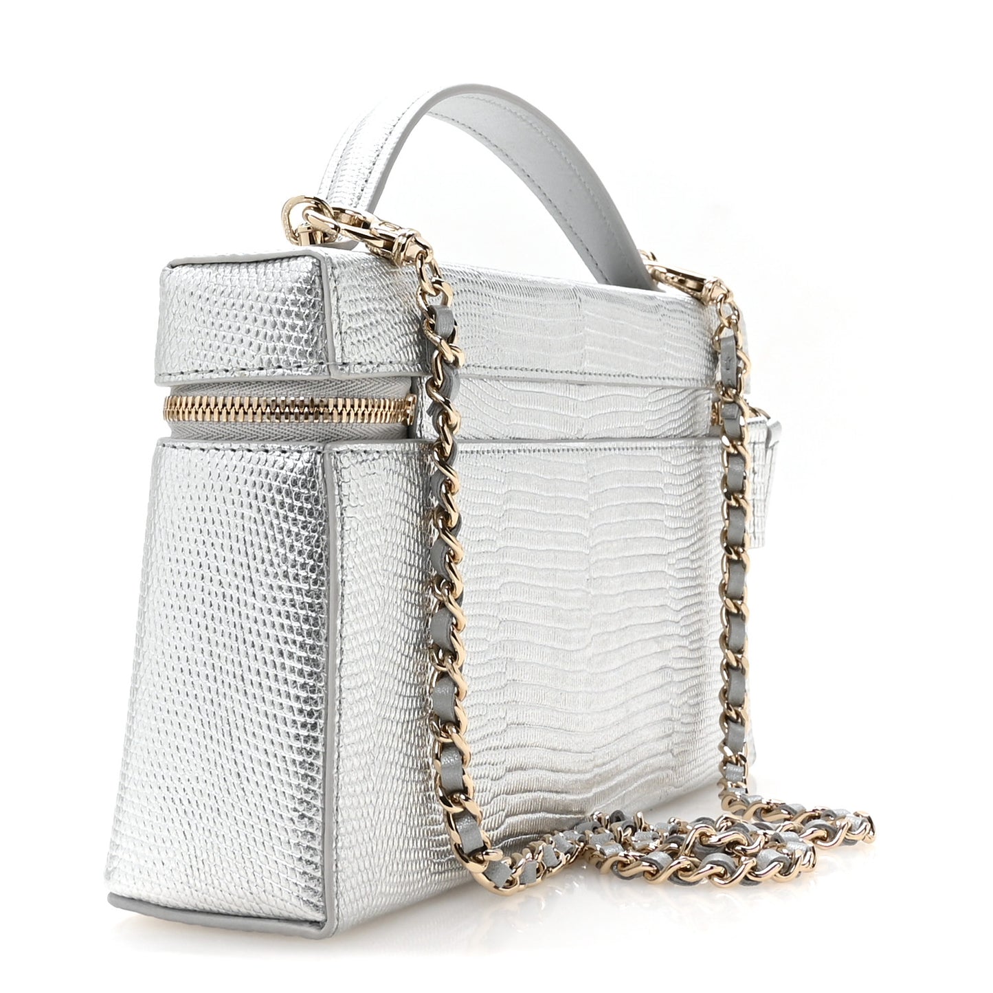 Lizard Embossed Top Handle Slim Vanity With Chain Silvery