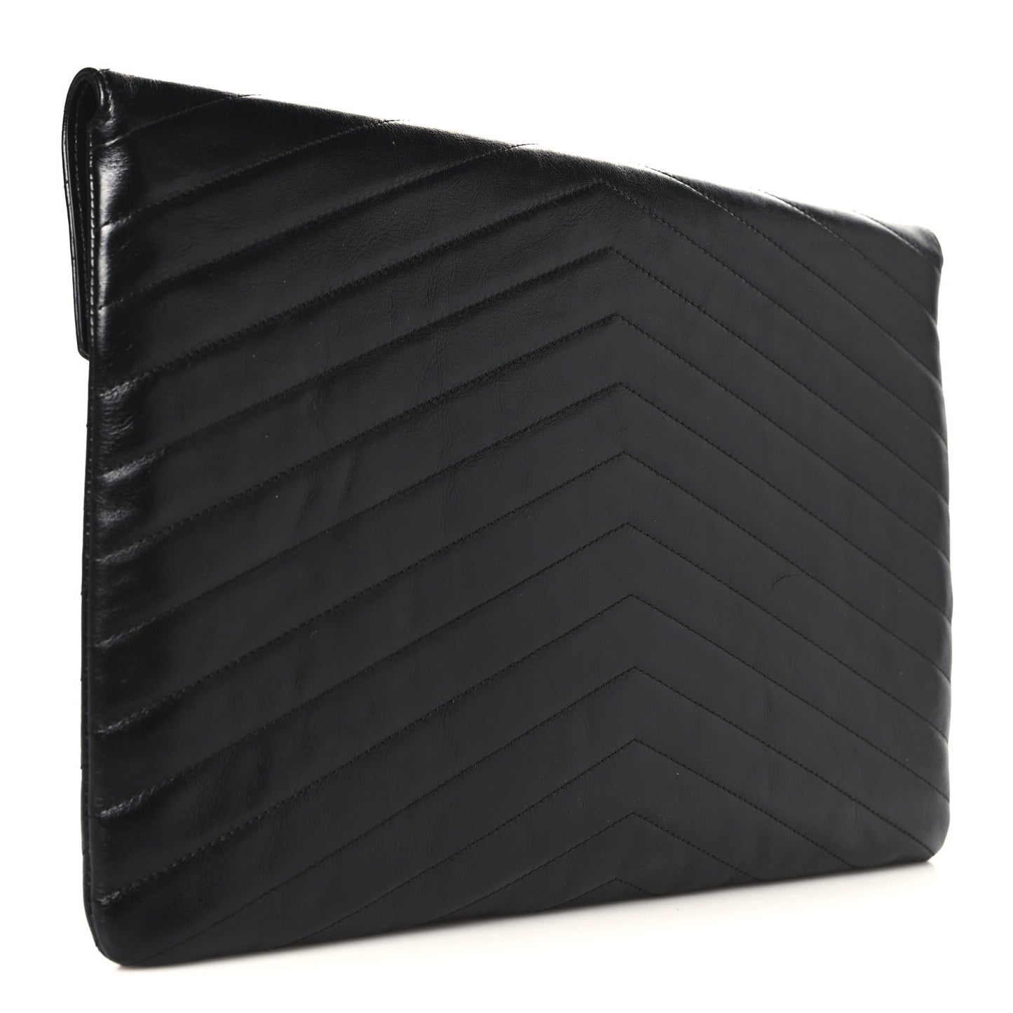 Calfskin Chevron Quilted Medal Flap Clutch Black