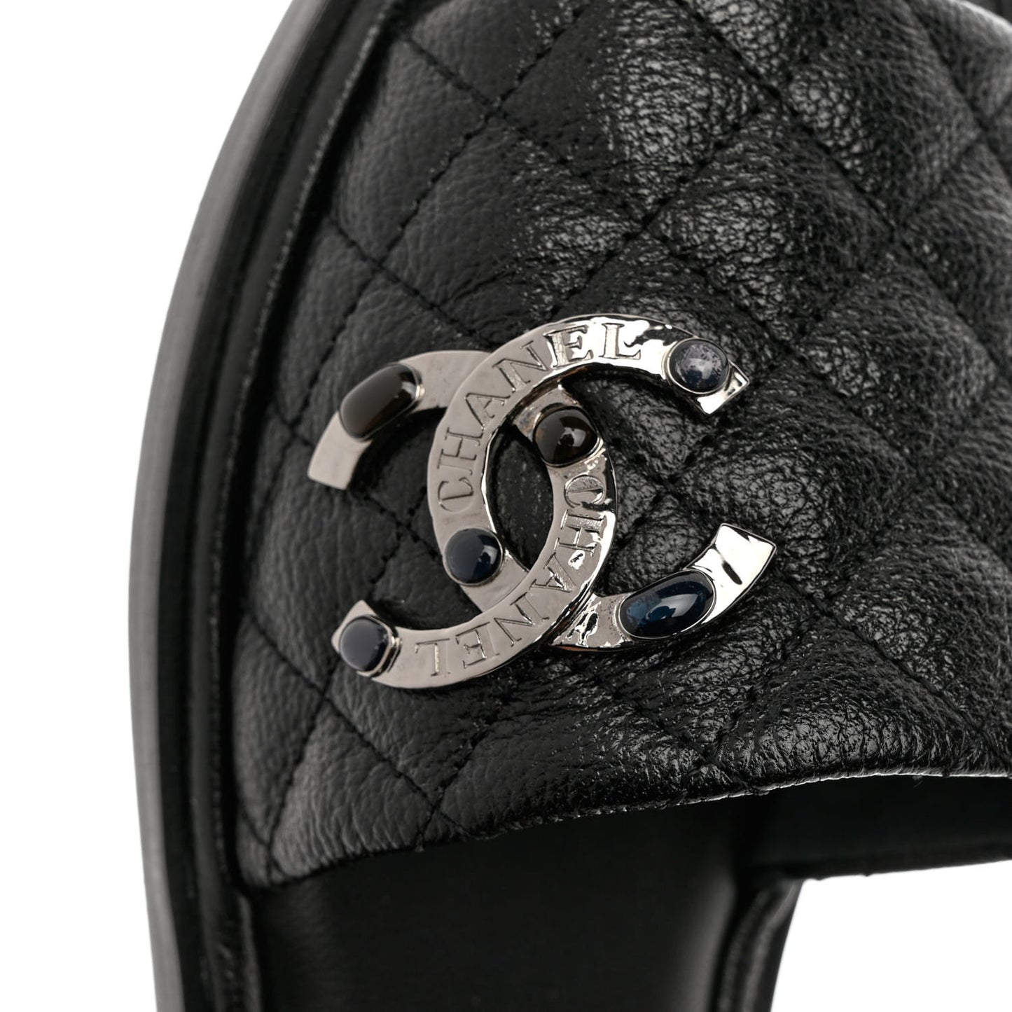 Shiny Goatskin Quilted CC Mules Sandals 38.5 Black