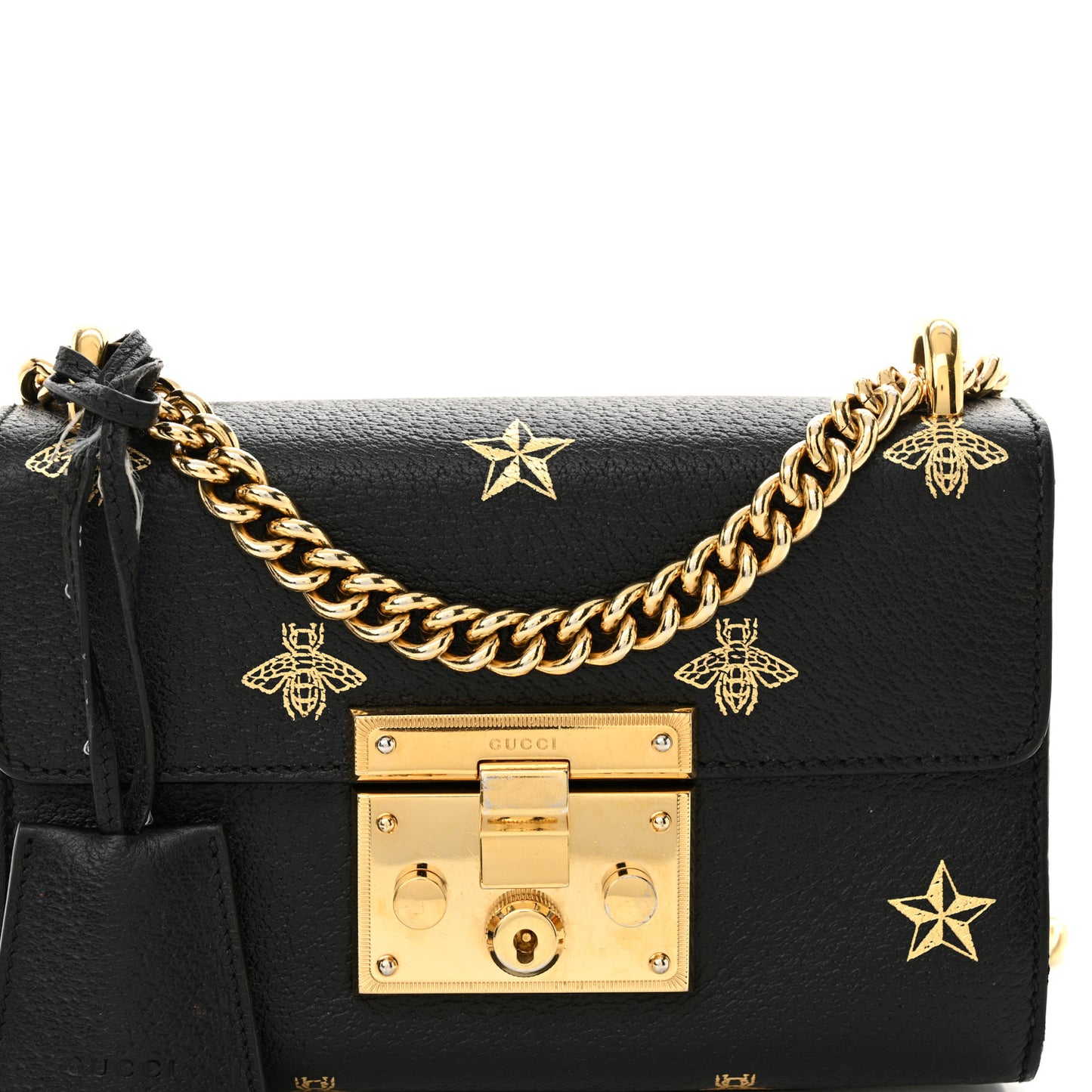 Grained Calfskin Bee Star Small Padlock Shoulder Bag Black