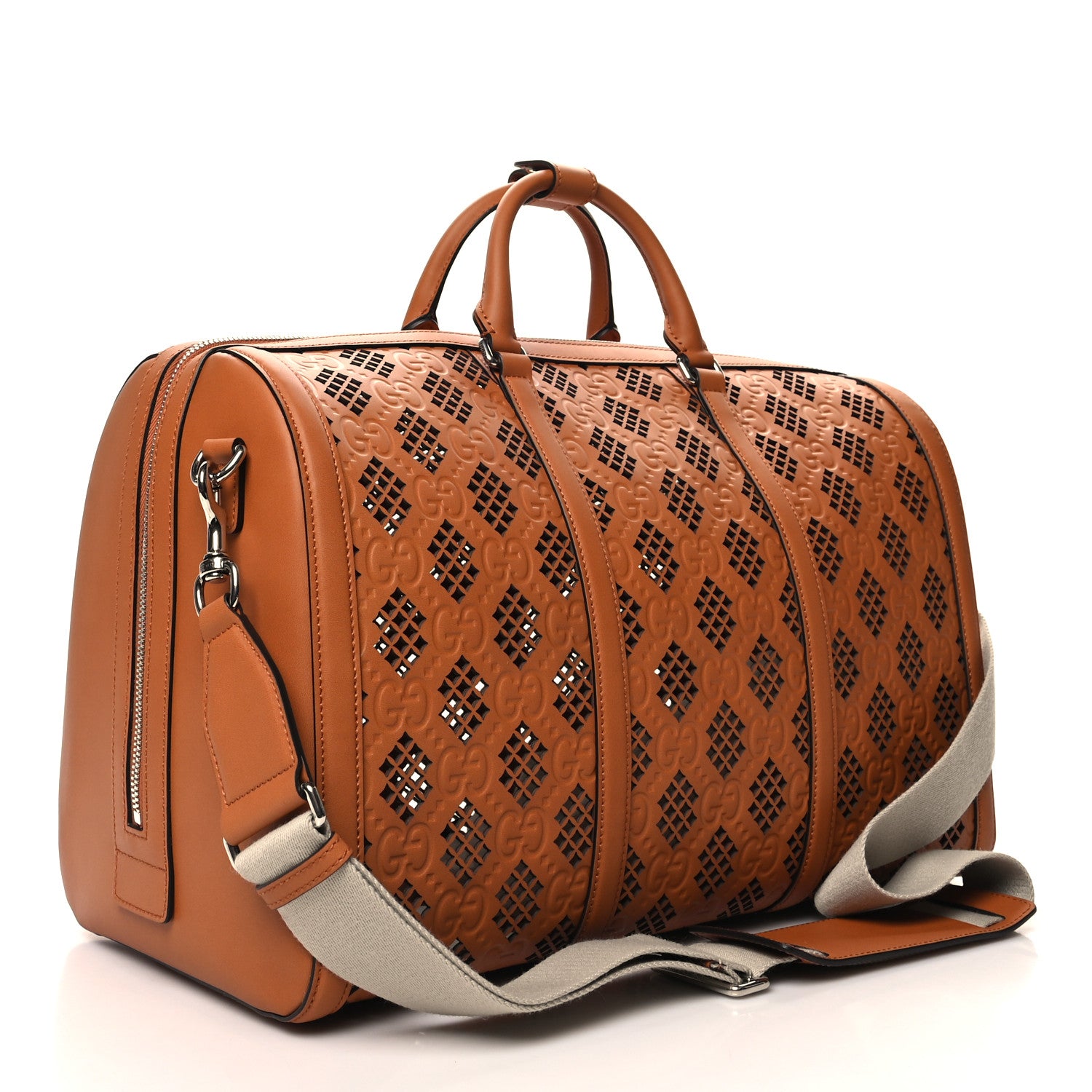 Gucci Calfskin Cut Out GG Embossed Medium Duffle Bag Harness Brown 2 of 11