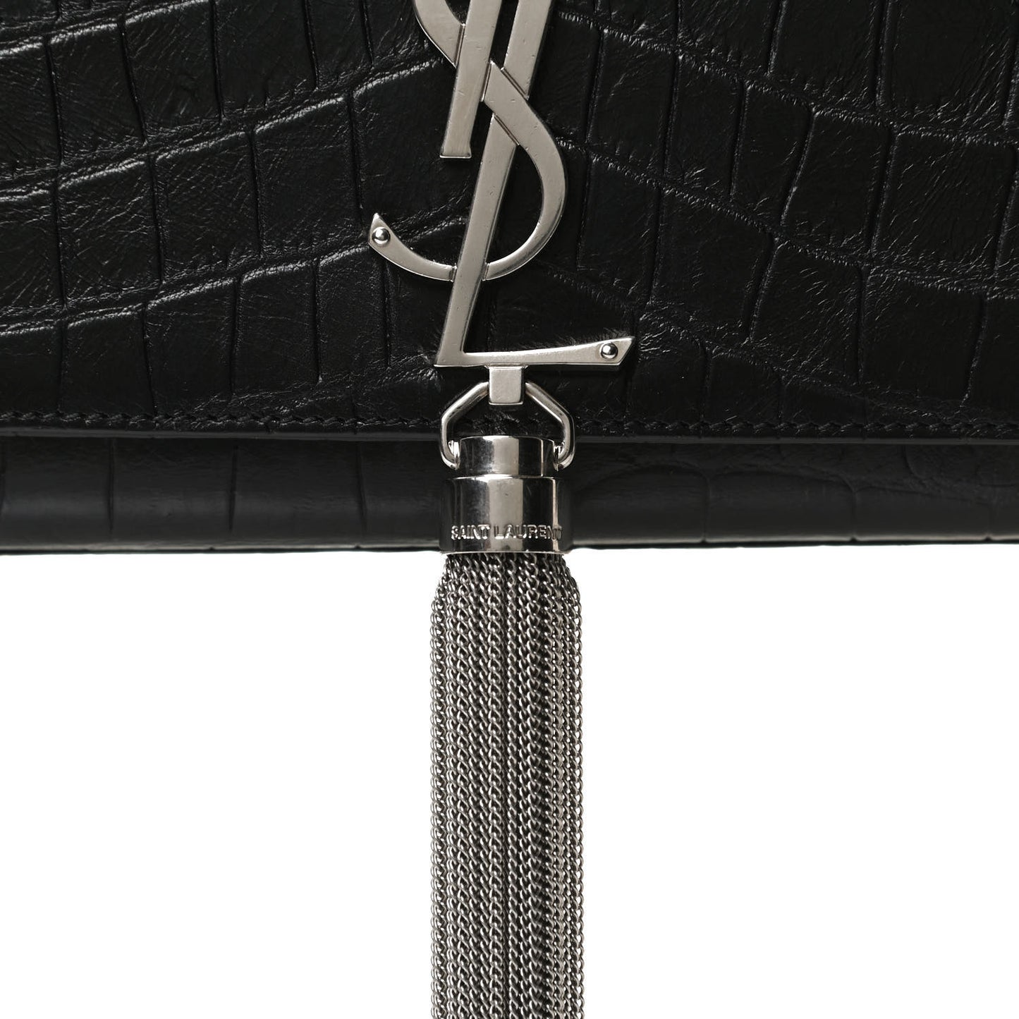 Calfskin Crocodile Embossed Medium Classic Monogram Kate Tassel Satchel Black