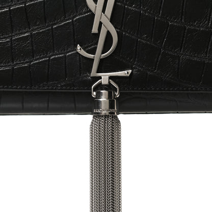 Saint Laurent Calfskin Crocodile Embossed Medium Classic Monogram Kate Tassel Satchel Black 10 of 13