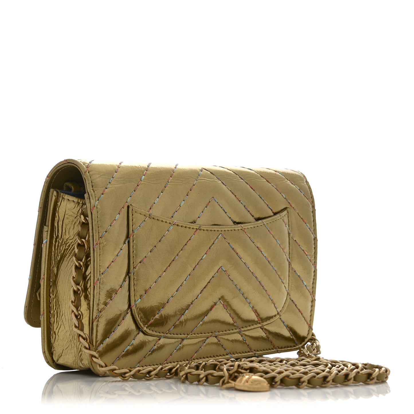 Metallic Aged Calfskin Chevron Quilted Multicolor Stitch Wallet On Chain WOC Gold