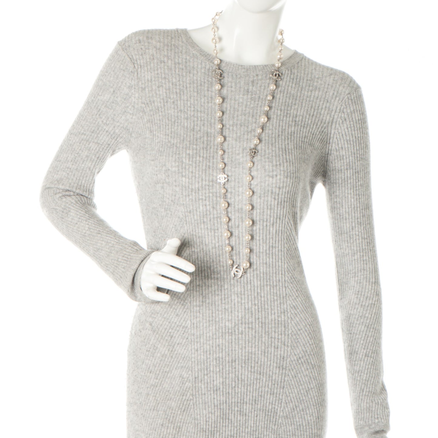 Crystal Pearl CC Long Necklace Silver