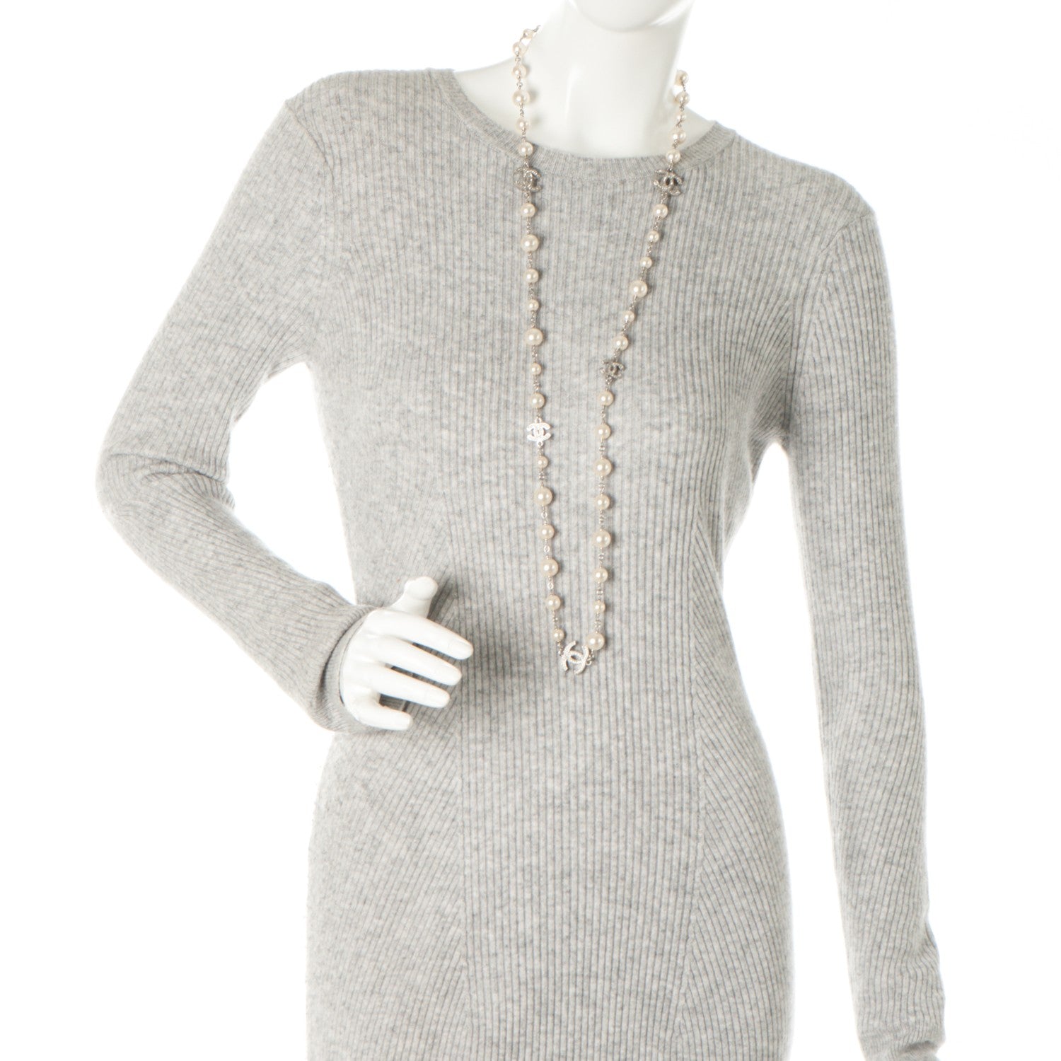 Chanel Crystal Pearl CC Long Necklace Silver 2 of 4