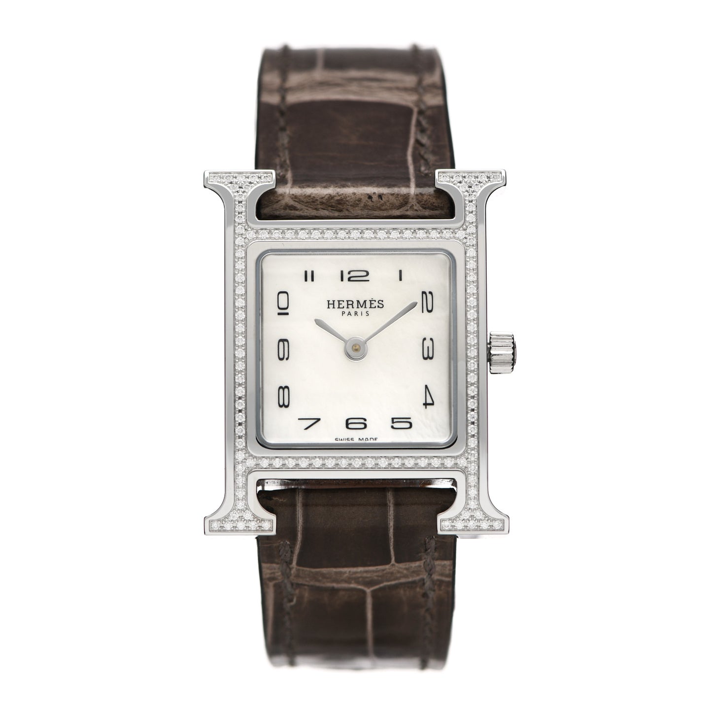 Stainless Steel Alligator Diamond Bezel Mother of Pearl 21mm Heure H Hour Quartz Watch Gris Elephant