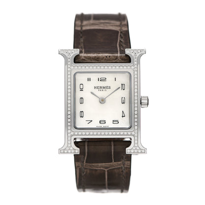 Hermes Stainless Steel Alligator Diamond Bezel Mother of Pearl 21mm Heure H Hour Quartz Watch Gris Elephant 1 of 5