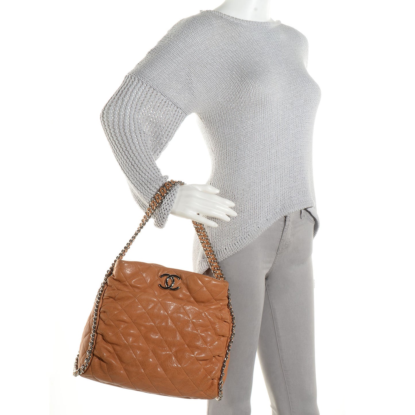 Washed Lambskin Chain Around Hobo Beige
