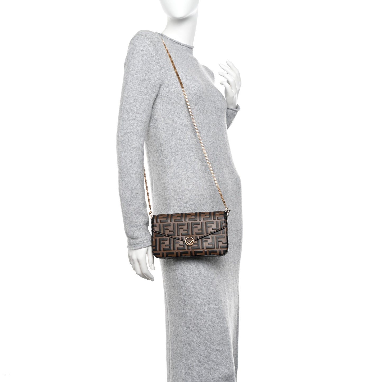 Vitello Soft F is Fendi Bi-Color FF 1974 Embossed Envelope Wallet On Chain with Pouches Maya Black