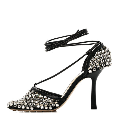 Bottega Veneta Mesh Nappa Crystal Embellished Sparkle Stretch Ankle Tie Sandals 36 Black 1 of 9