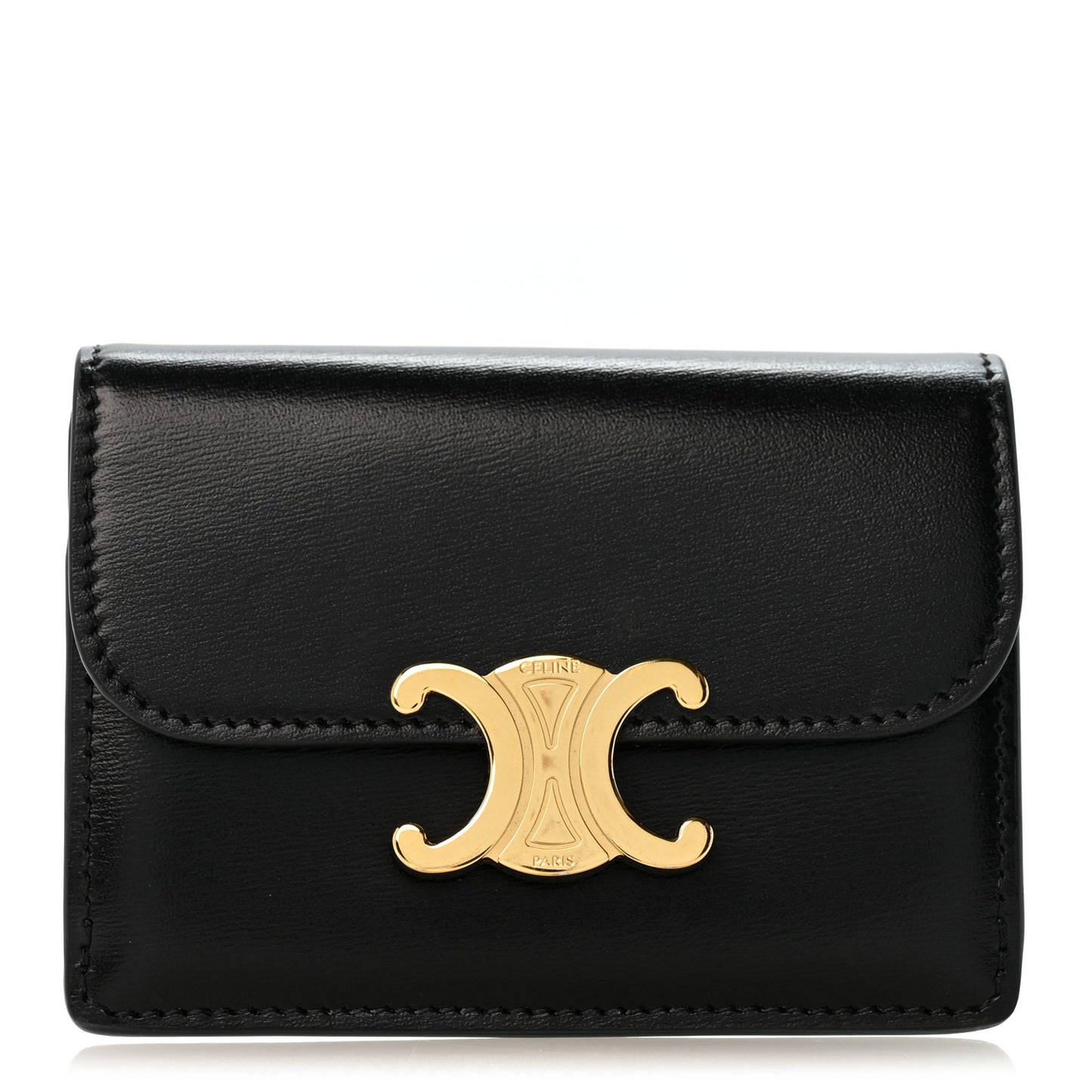 Shiny Calfskin Triomphe Flap Card Holder Black